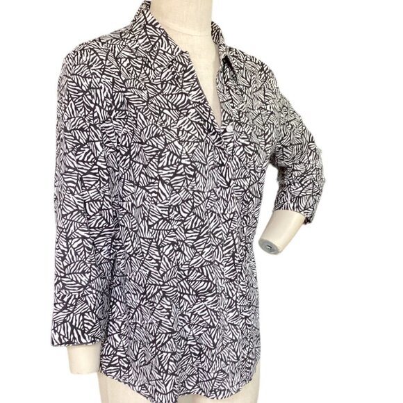 Chico's No Iron 100% Cotton Button-Up Top Sz 2 L/12 Black & White 142P - Picture 2 of 7